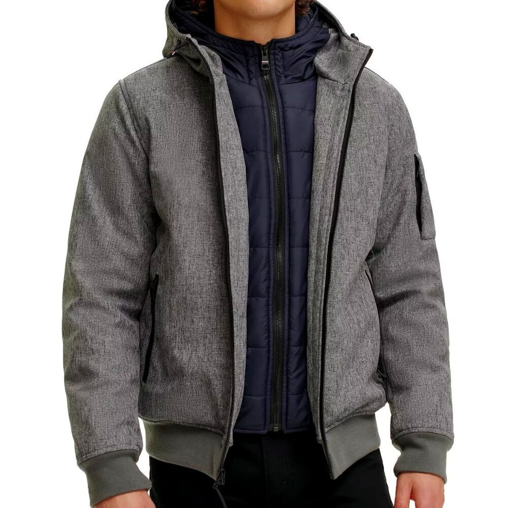 Mens TOMMY HILFIGER Grey Hoodie Bomber Jacket w Navy Quilted Bib SM